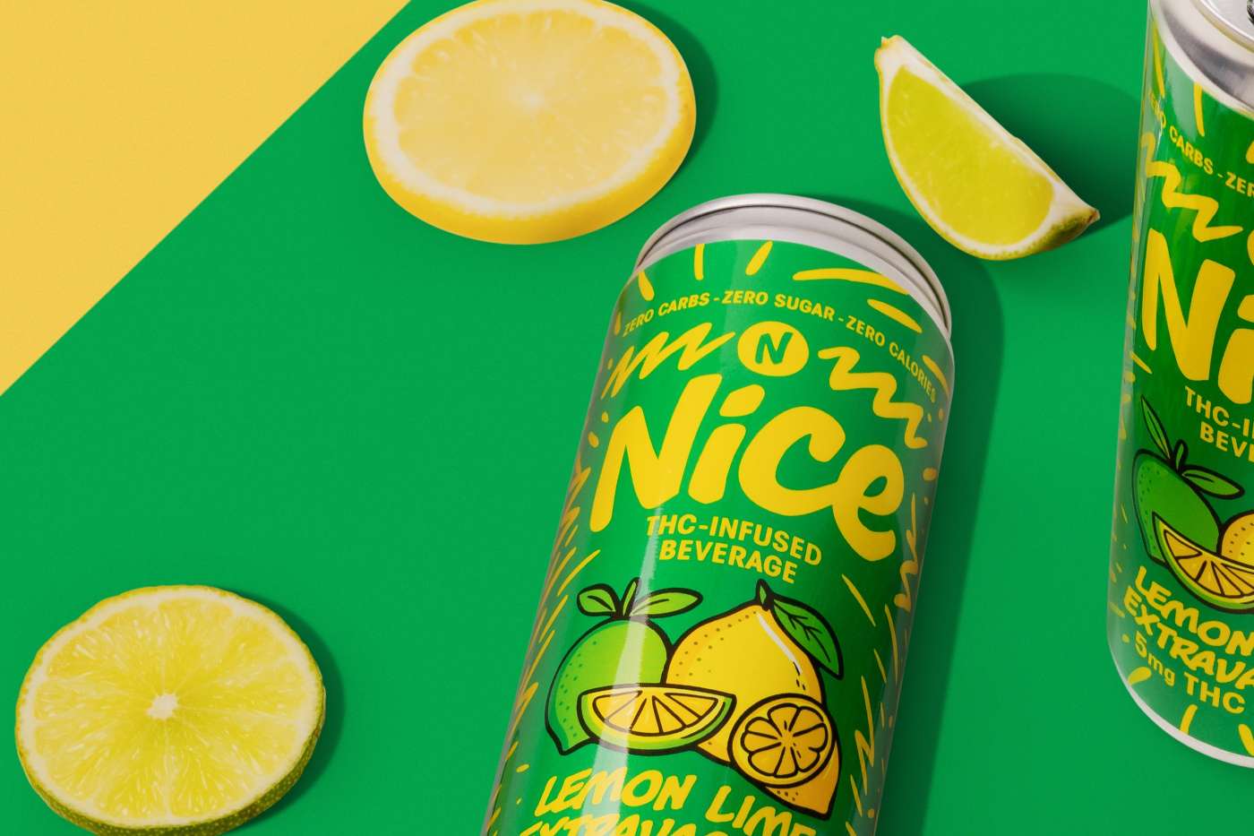 NICE lemon lime THC seltzer can with fresh citrus